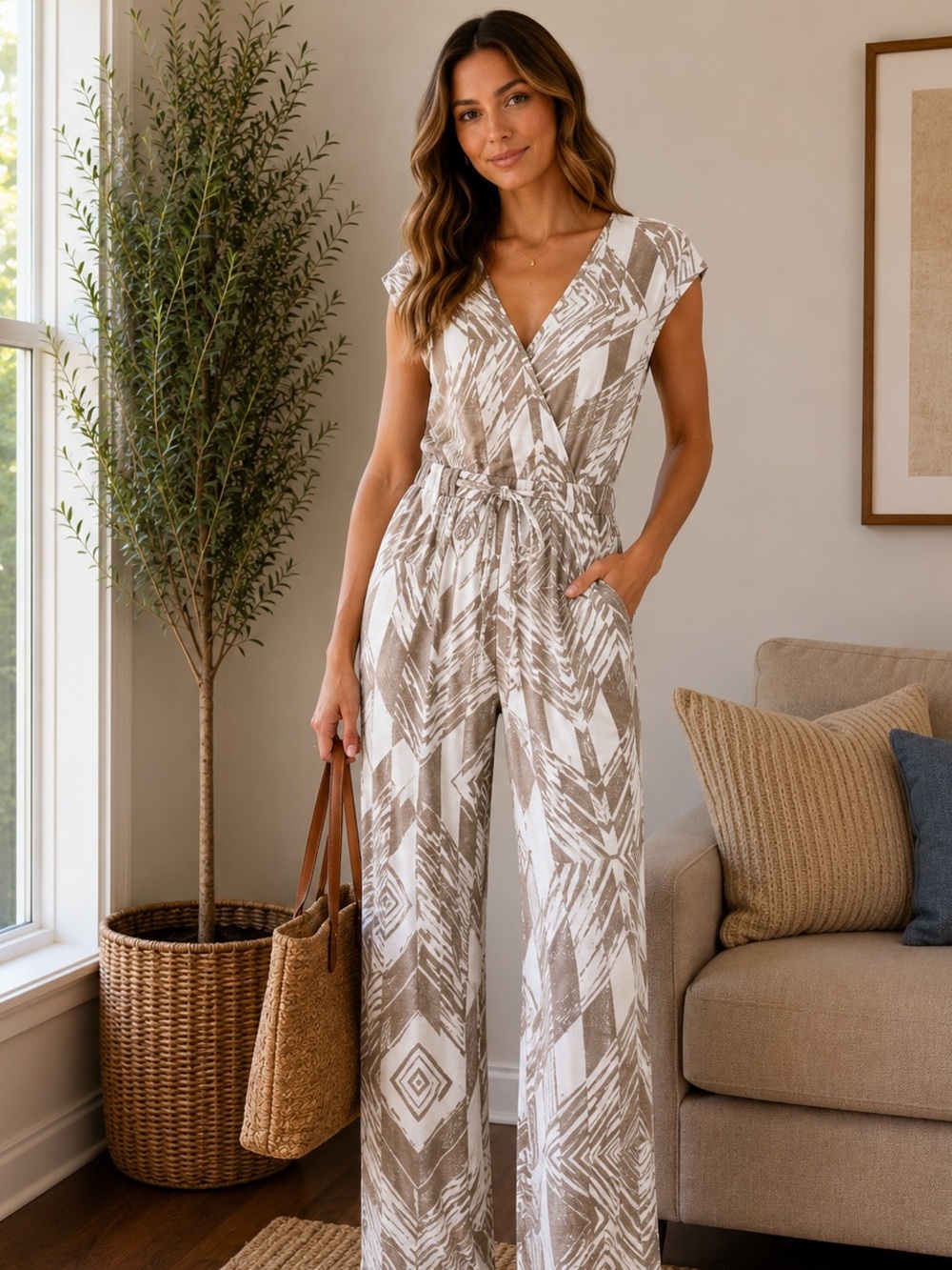 Corey Lynn Calter Anthropologie Geo Jersey Tan & White Jumpsuit! Size XS